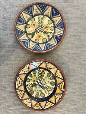 Two Olaria Glazed Terracotta Hand Painted Plates Portugal